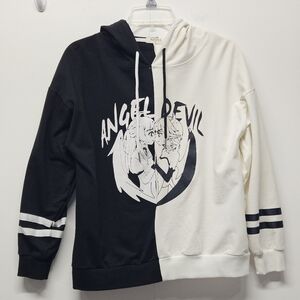 Angel & Devil Hoodie Sweatshirt Juniors Large Black Cream Colorblock